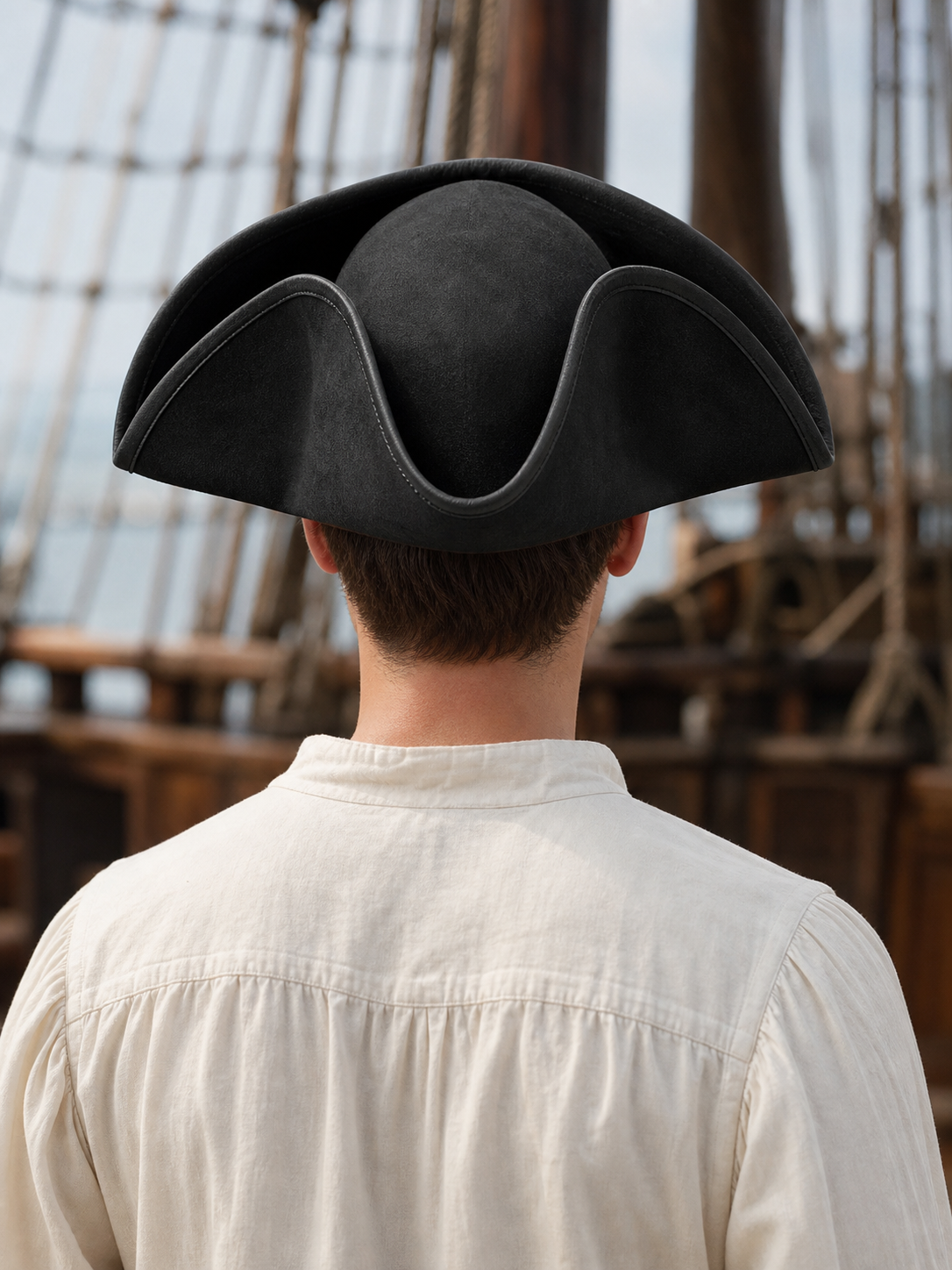 Black Pirate Hat, Large Three-Cornered Tricorn Costume Hat with Wide Brim and Structured Crown for Cosplay, Stage Performances and Pirate-Themed Parties