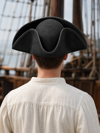 Black Pirate Hat, Large Three-Cornered Tricorn Costume Hat with Wide Brim and Structured Crown for Cosplay, Stage Performances and Pirate-Themed Parties