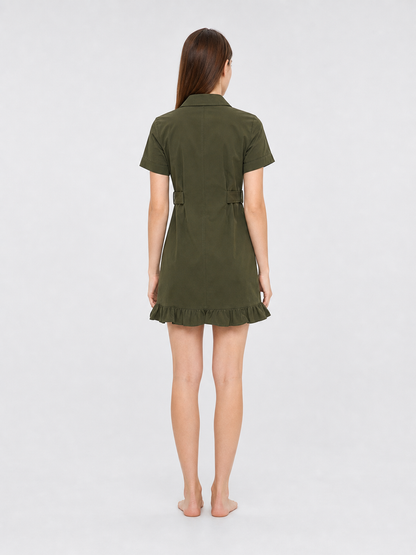 Olive Military-Style Dress with Patches back view