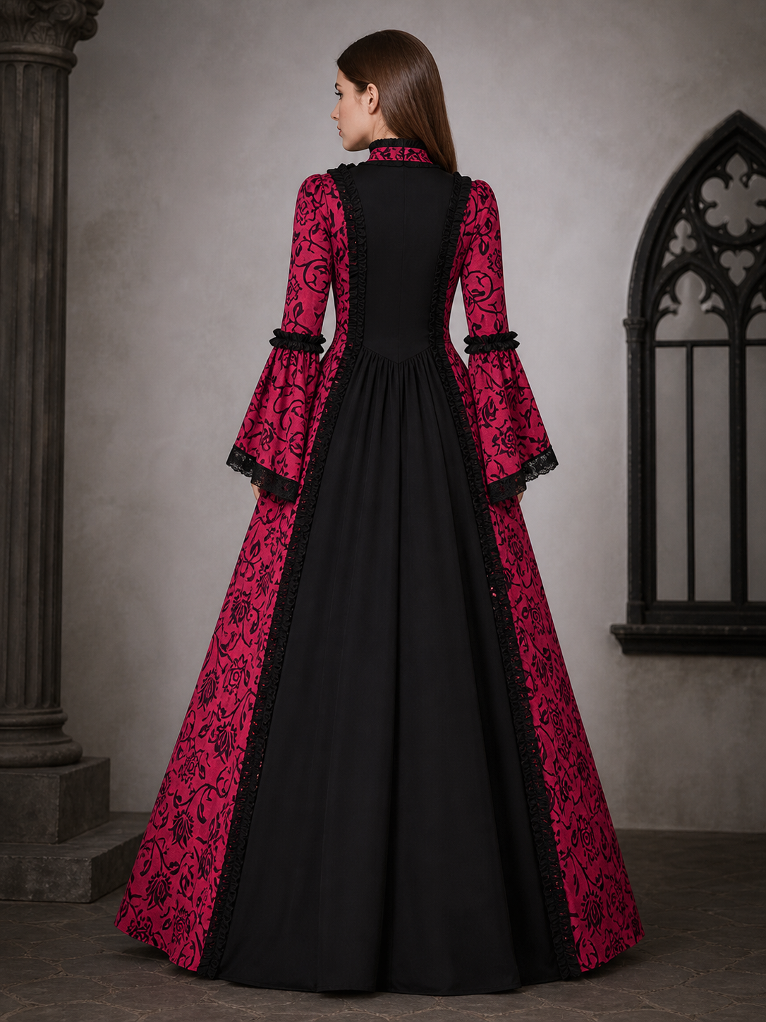Women’s Gothic Medieval Court Costume Dress 2pcs Set With Neck Accessory, Red Black Scroll Print, Square Neck Long Sleeve Cosplay Outfit