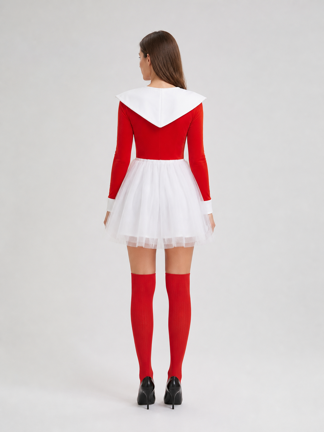 Short Red and White Dress with a Full Skirt back view