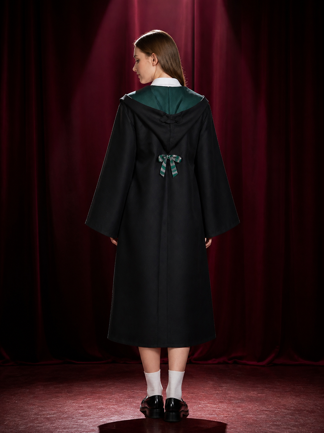 Slytherin Wizard Costume Set, Hooded Cloak with Scarf, Tie, Hat, Glasses & Wand back view