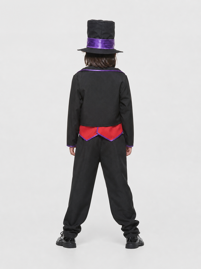This skeleton costume is designed in the Mexican style of the Day of the Dead celebration. The outfit includes a black jacket with purple trim and floral decorations, a red vest-style front panel with decorative buttons, a red bow tie, blac
