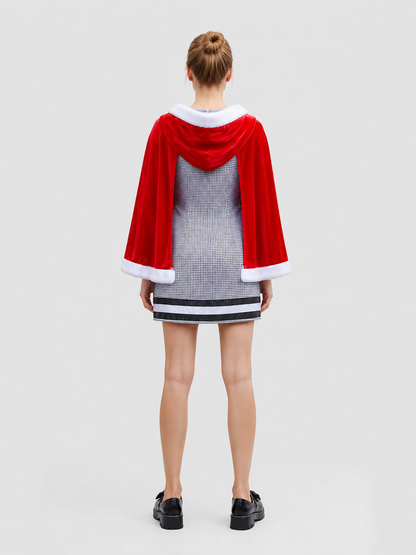 Red Plaid Dress with Hooded Cape