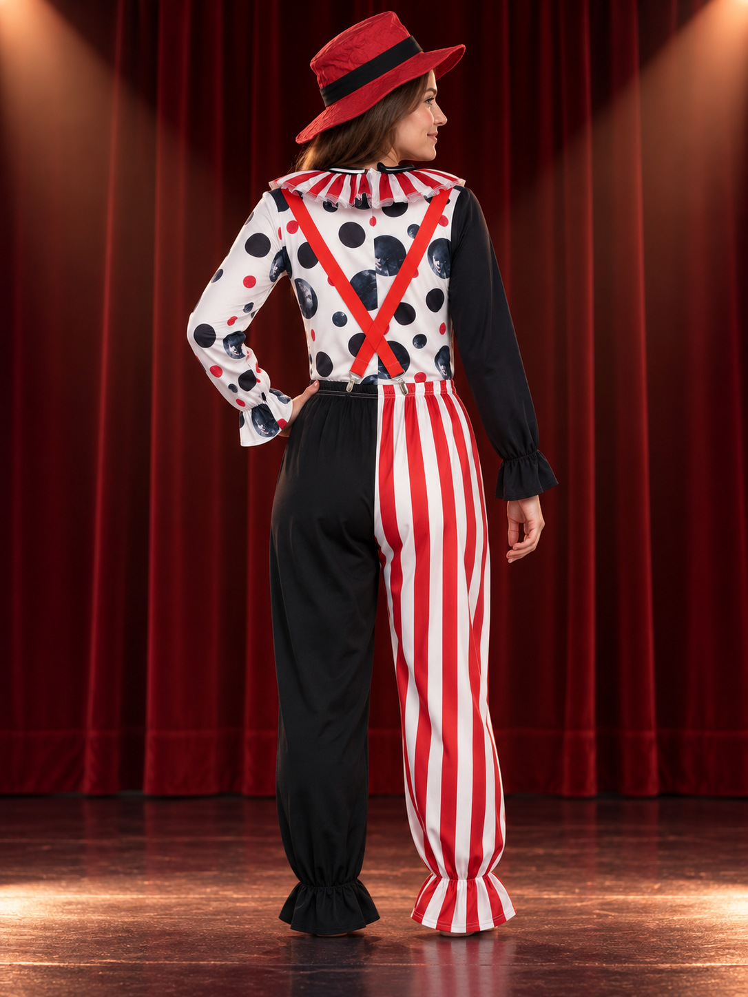 Clown Costume with Red Hat, Suspenders and Pants