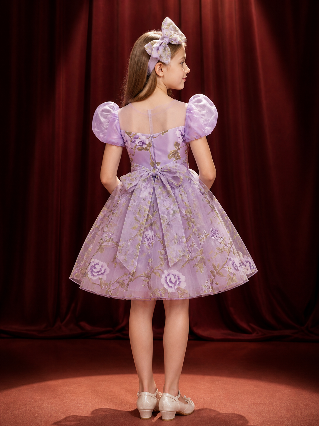 Baby Girls' Floral Princess Dress With Puff Sleeves, Tulle Skirt And Bow back view