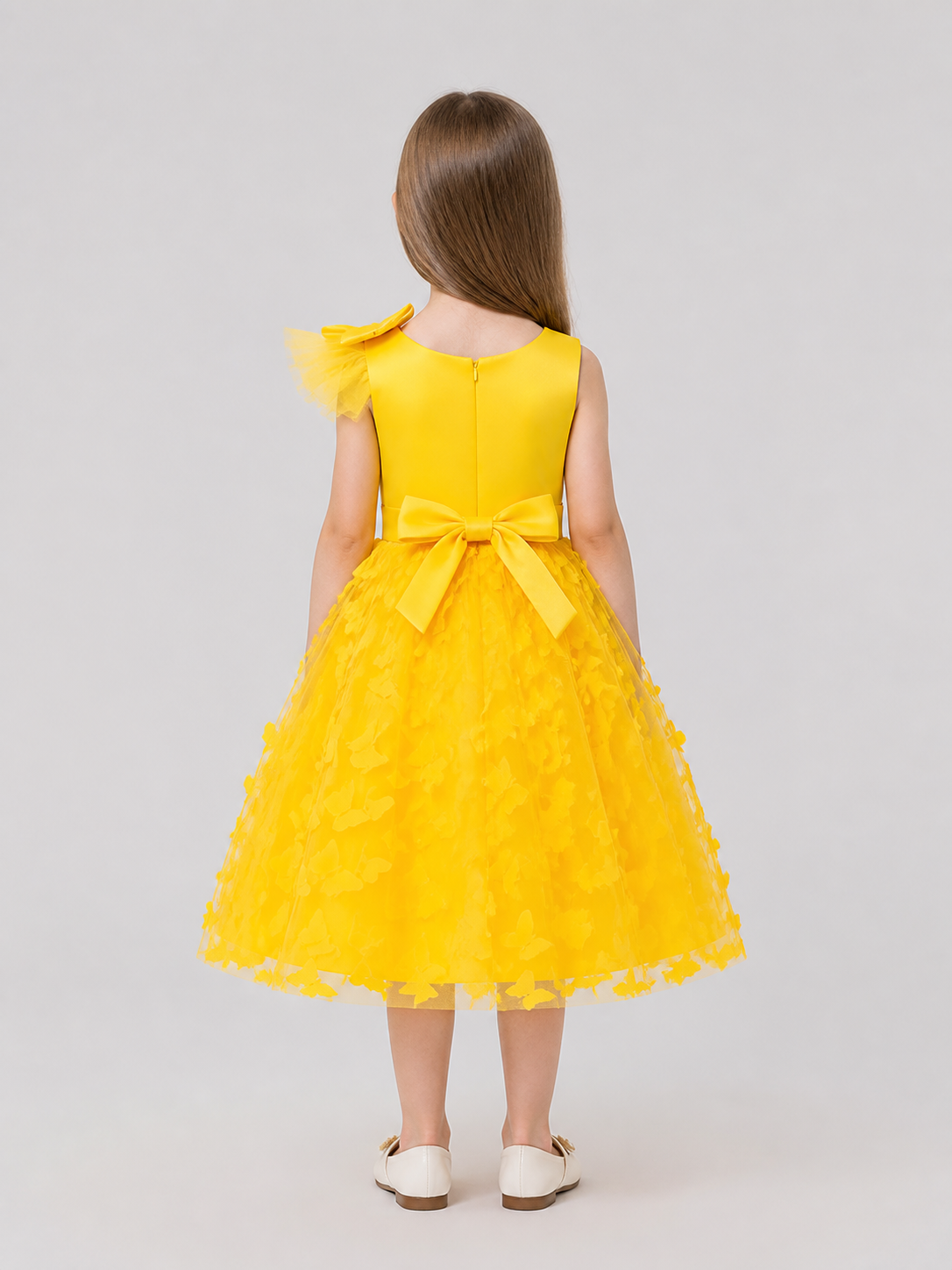 Yellow Tulle Tutu Dress for Girls with Bows back view