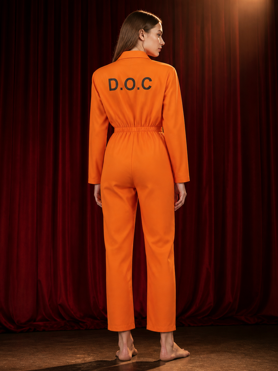 Orange Prisoner Jumpsuit Costume, Long Sleeve, DOC Back Print, Plus Size back view