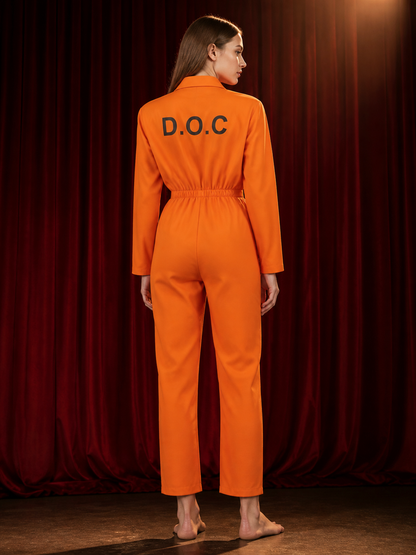 Orange Prisoner Jumpsuit Costume, Long Sleeve, DOC Back Print, Plus Size back view
