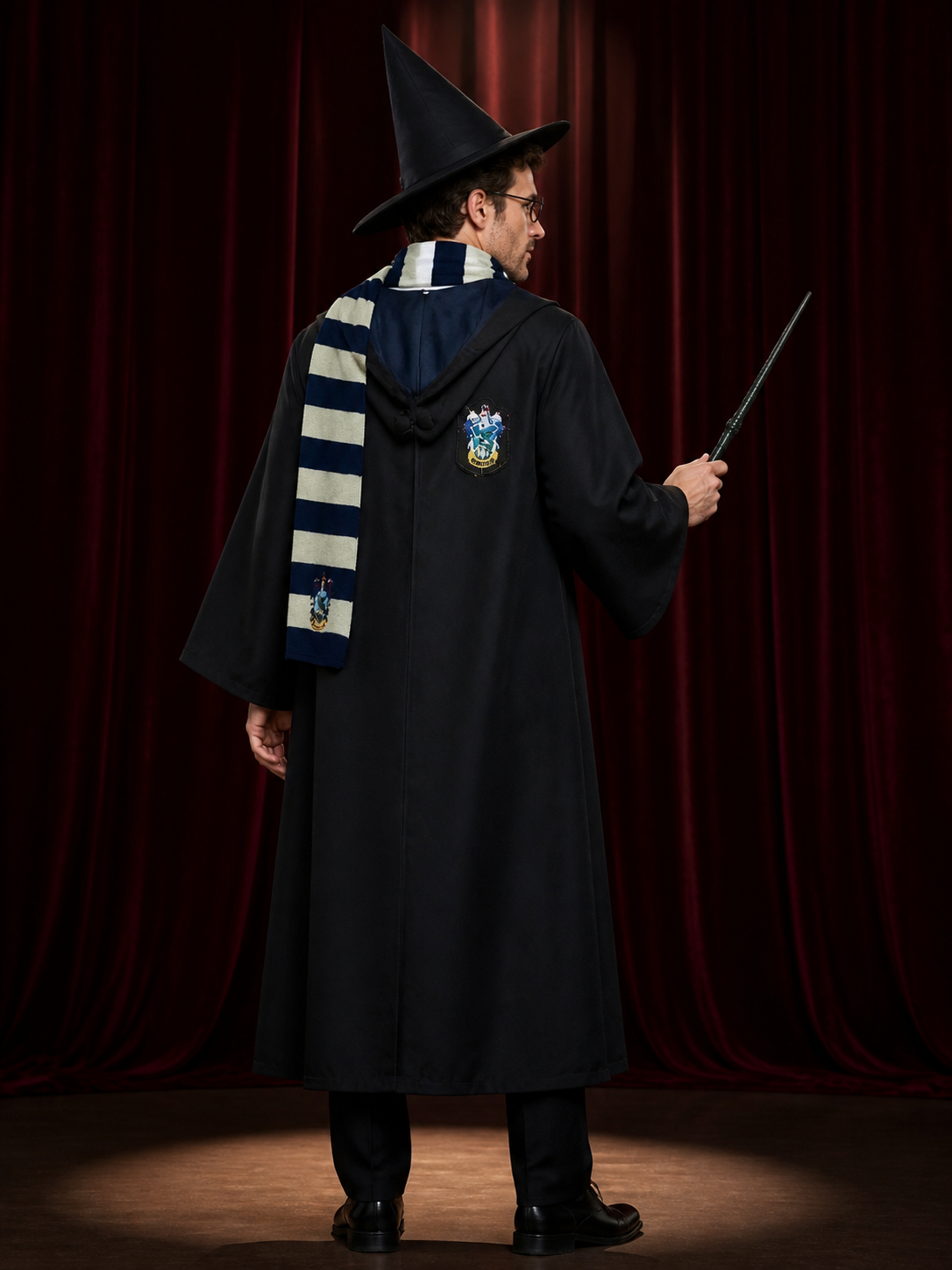 Wizard Costume Set with Robe, Hat, Glasses, Wand, Scarf and Tie back view