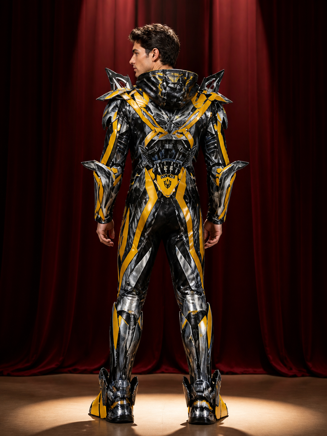 Full-Body Mechanical Armor Bodysuit Costume, Silver Gray, Yellow and Black back view