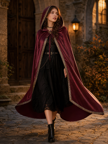 Burgundy velvet-look hooded costume cape product view 31
