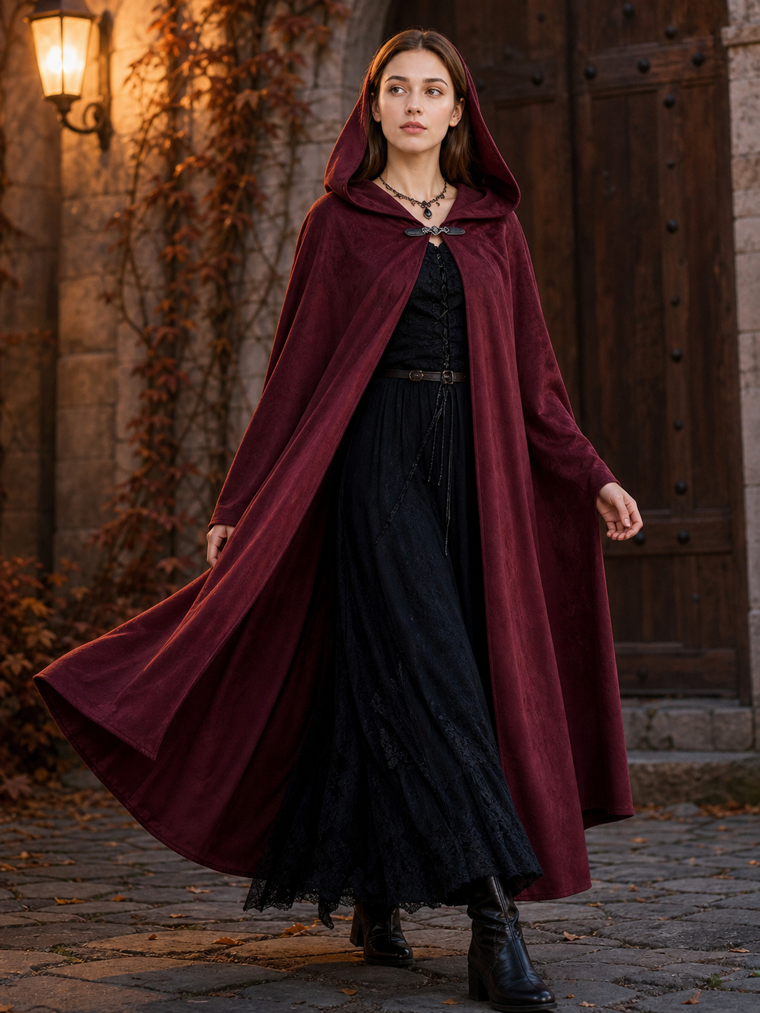 Long burgundy carnival cloak with hood