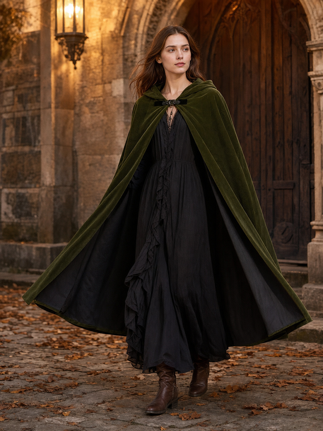 Medieval Fantasy Long Hooded Cape with Oversized Hood, Velvety-Look Green Exterior and Black Lining for Cosplay Events