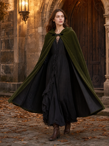 Medieval Fantasy Long Hooded Cape with Oversized Hood, Velvety-Look Green Exterior and Black Lining for Cosplay Events