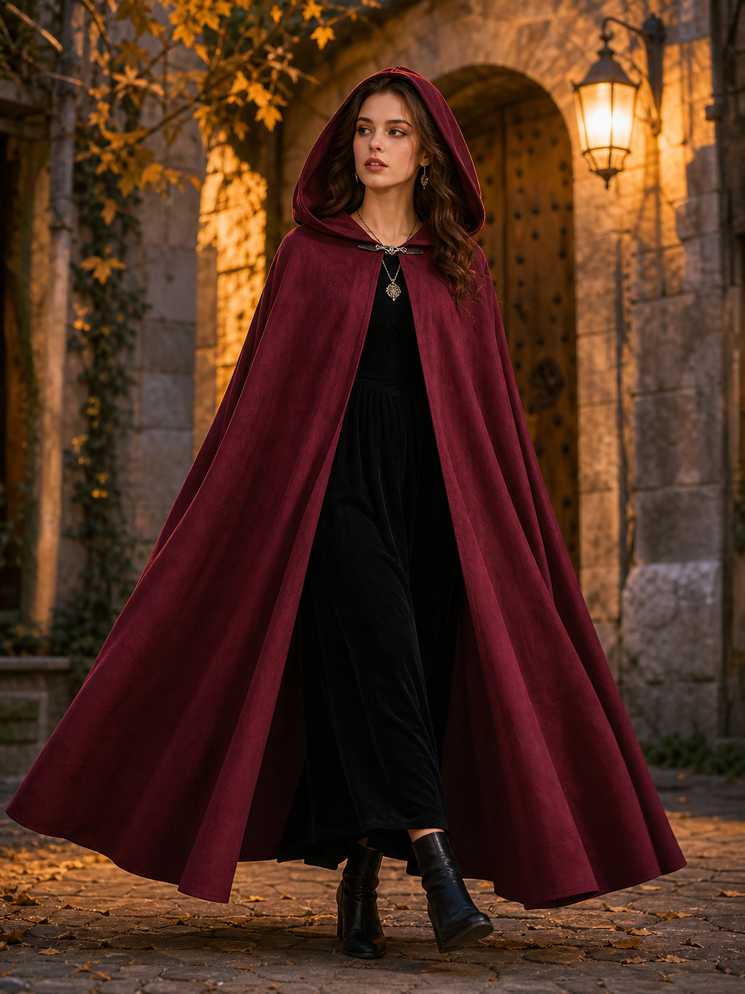 Long burgundy carnival cloak with hood