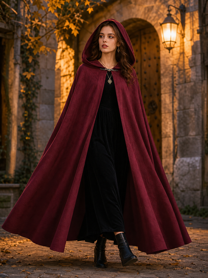 Long burgundy carnival cloak with hood