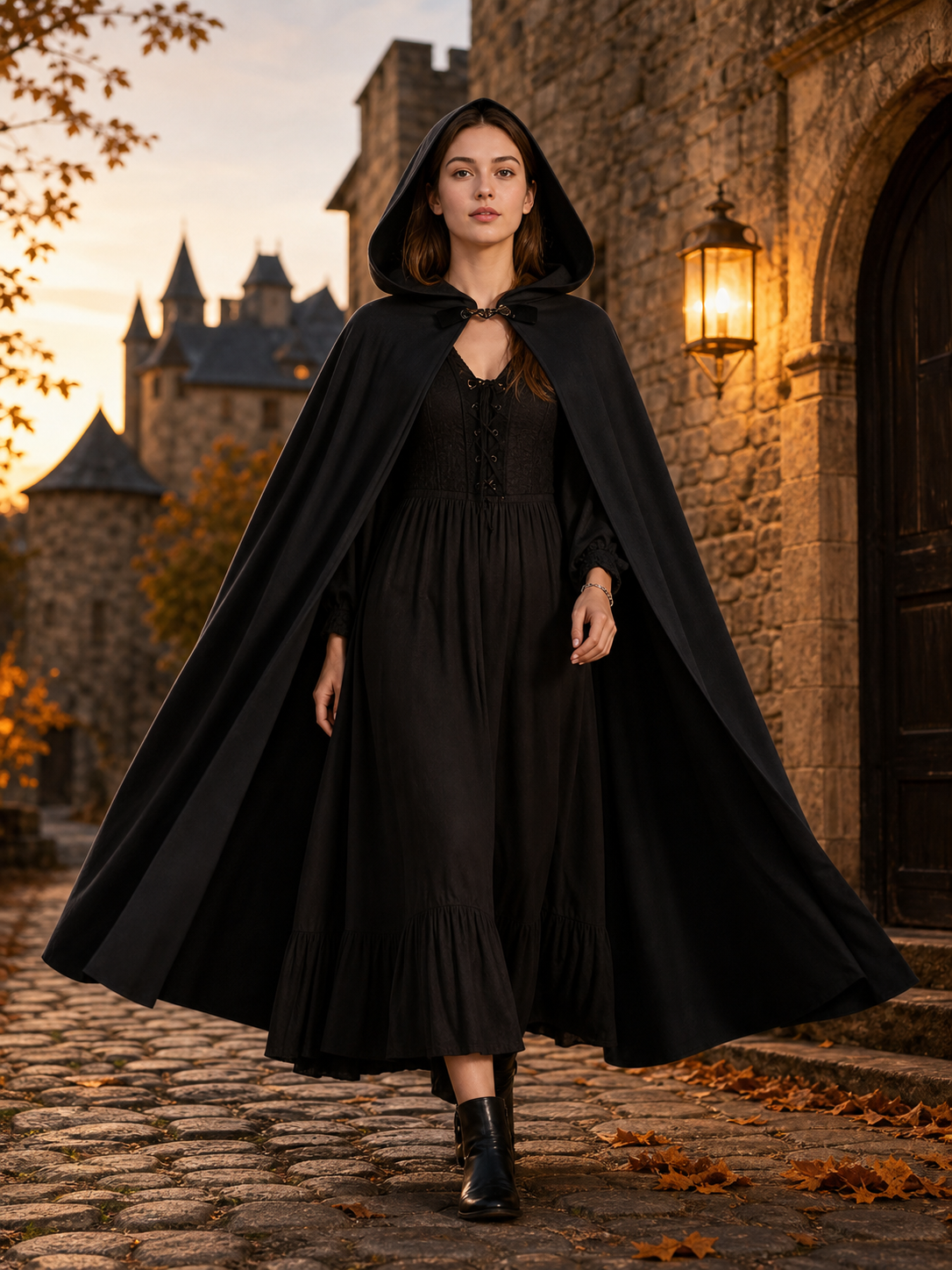 Long black hooded carnival cloak
