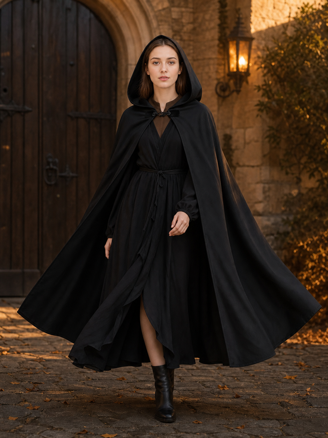 Long black hooded carnival cloak