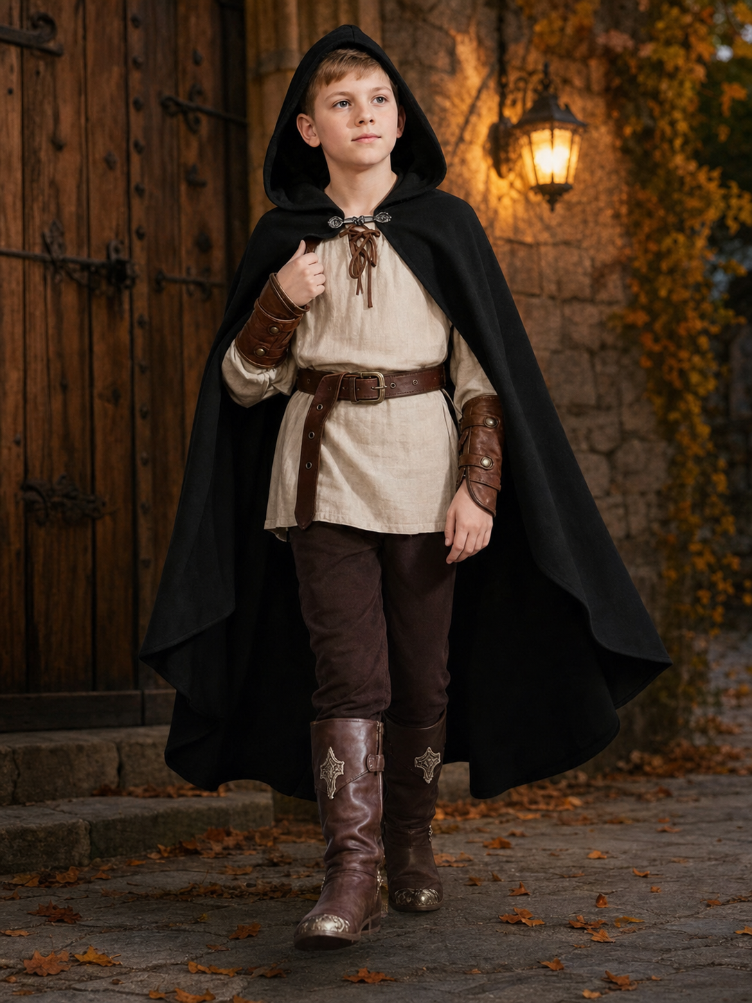 Black hooded medieval costume cloak product view 21