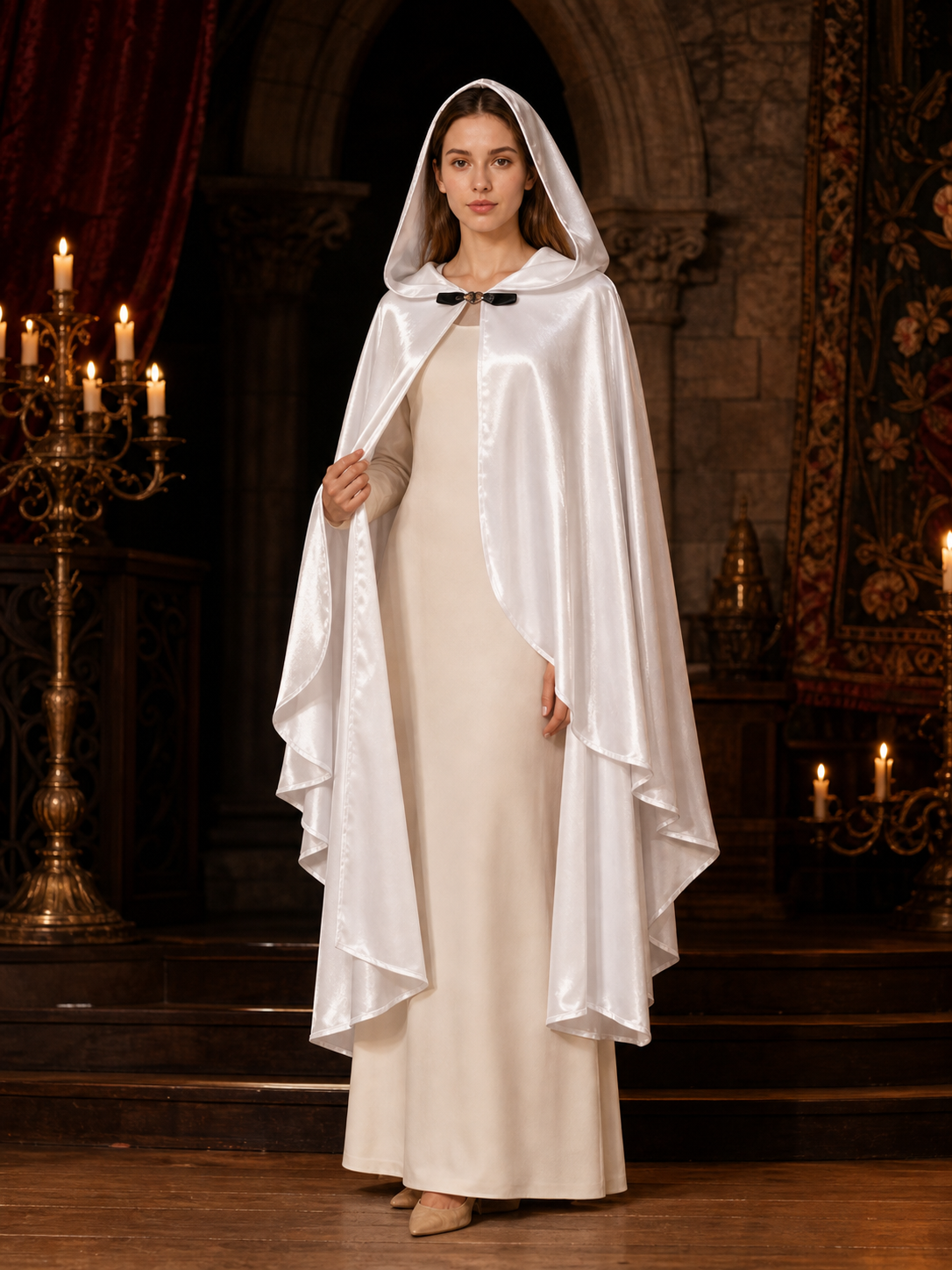 Long white hooded satin-look carnival cape product view 25