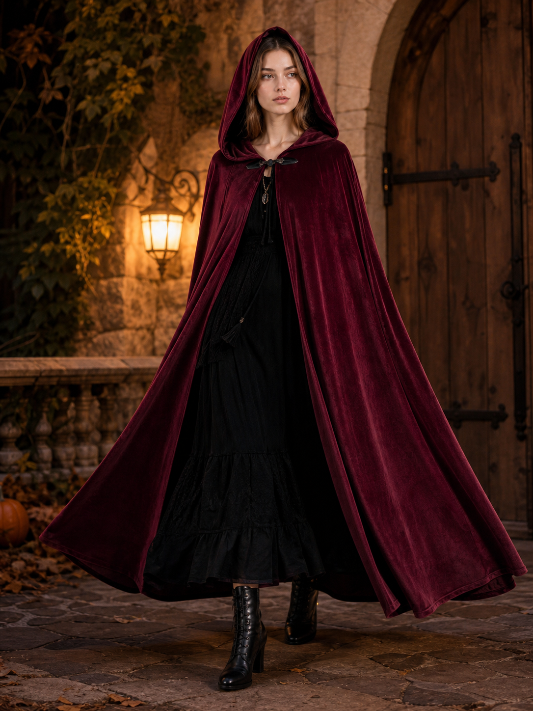 Burgundy Long Carnival Cloak with Hood