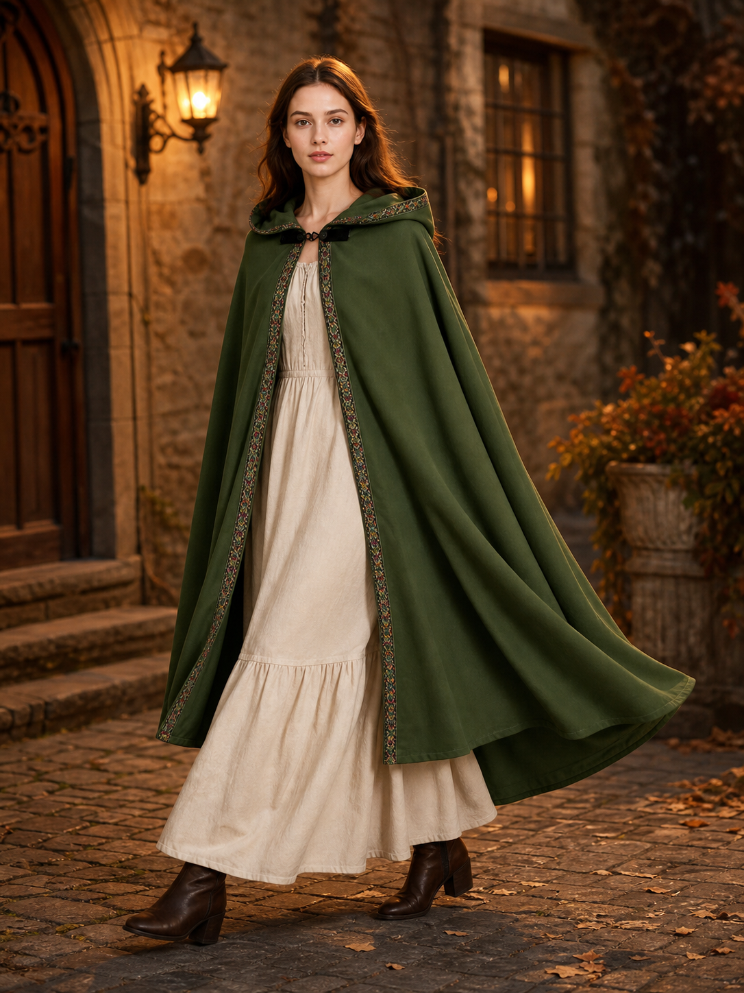 Green Carnival Cloak with Hood and Trim
