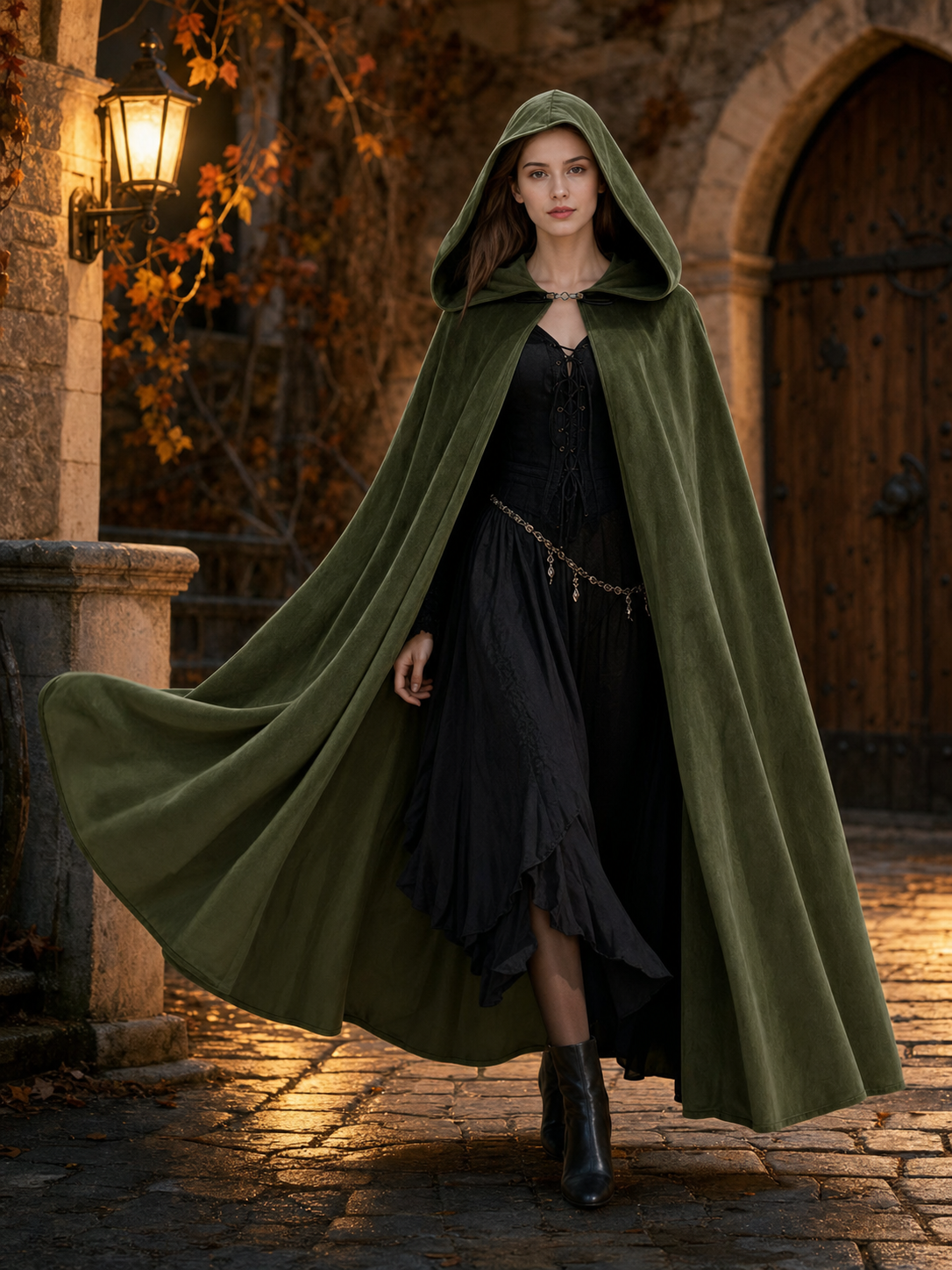 Long Green Hooded Costume Cloak