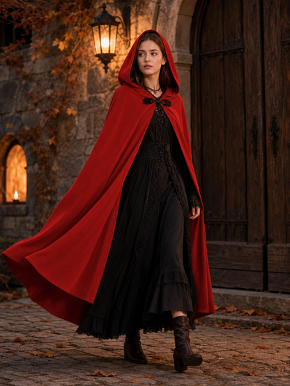 Medieval Hooded Cape, Long Flowing Bright Red Cloak with Oversized Hood and Toggle Closure for Cosplay Costume Parties