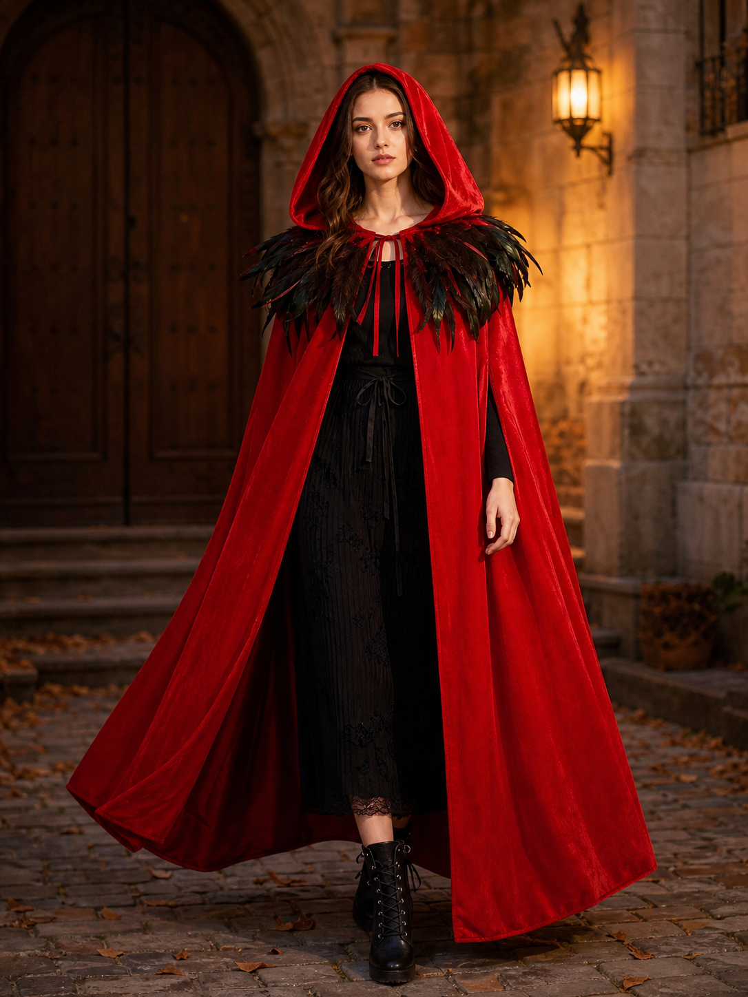Red Velvet Cape with Feather Trim