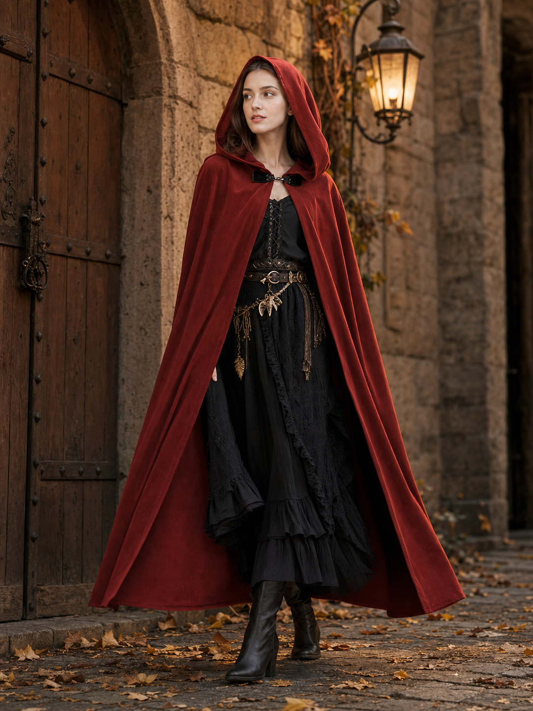 Medieval Hooded Cape with Oversized Hood, Burgundy Velvet-Like Flowing Cloak for Cosplay, Halloween, Themed Parties and Stage Performances