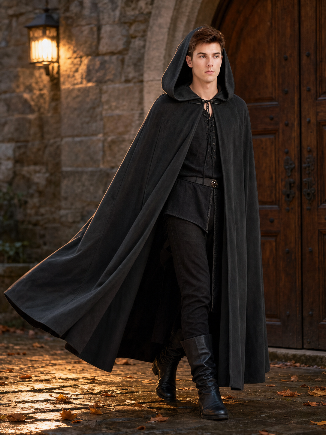 Long black hooded costume cloak
