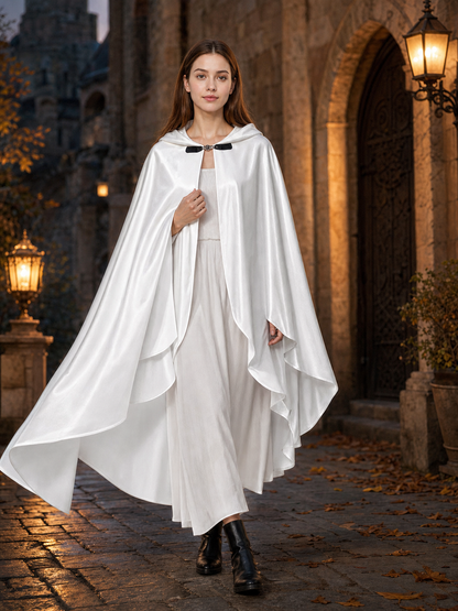 Long white hooded satin-look carnival cape product view 26