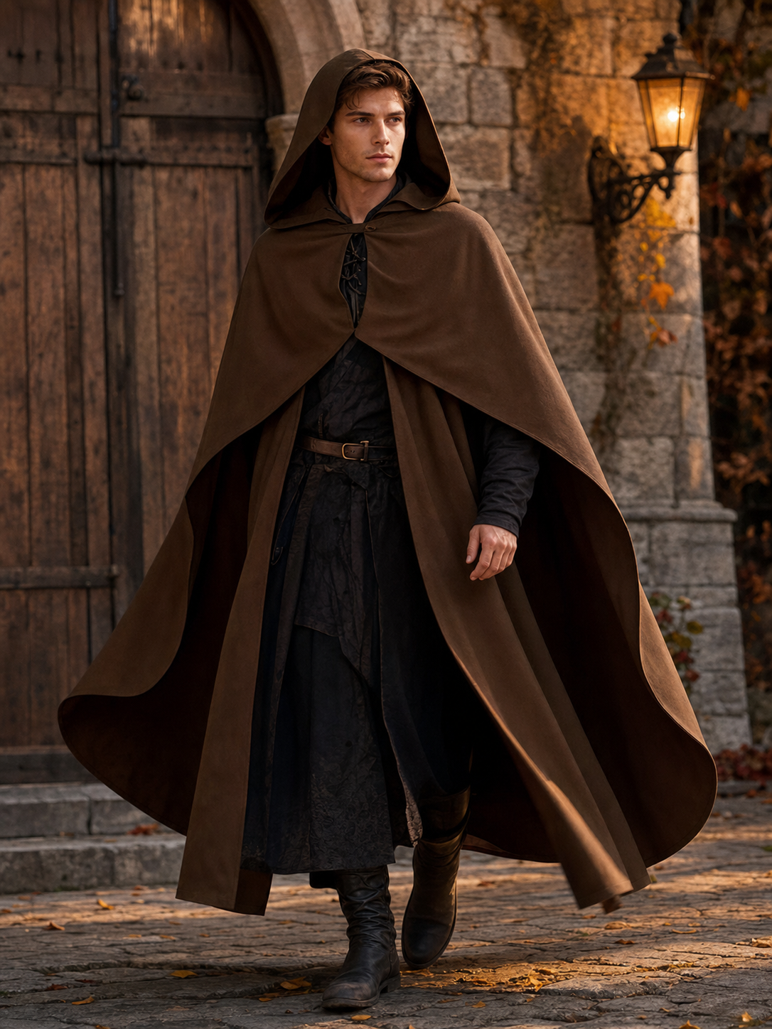 Medieval Fantasy Hooded Cloak, Deep Brown Long Draped Cape with Overlapping Front and Pointed Hem for Role Play, Stage Styling and Outdoor Wear