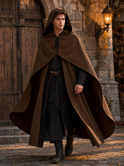 Medieval Fantasy Hooded Cloak, Deep Brown Long Draped Cape with Overlapping Front and Pointed Hem for Role Play, Stage Styling and Outdoor Wear