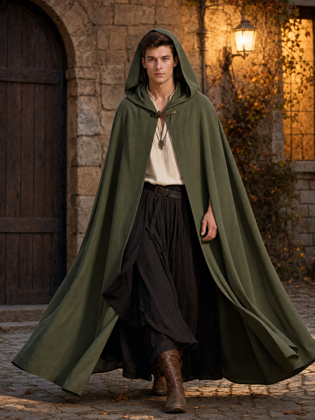 Medieval Hooded Cloak, Olive Green Full-Length Cape with Pointed Hood and Front Tie for Cosplay and Role-Playing