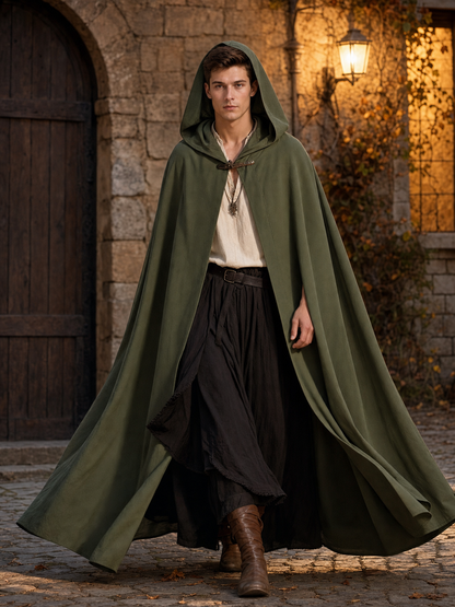 Medieval Hooded Cloak, Olive Green Full-Length Cape with Pointed Hood and Front Tie for Cosplay and Role-Playing