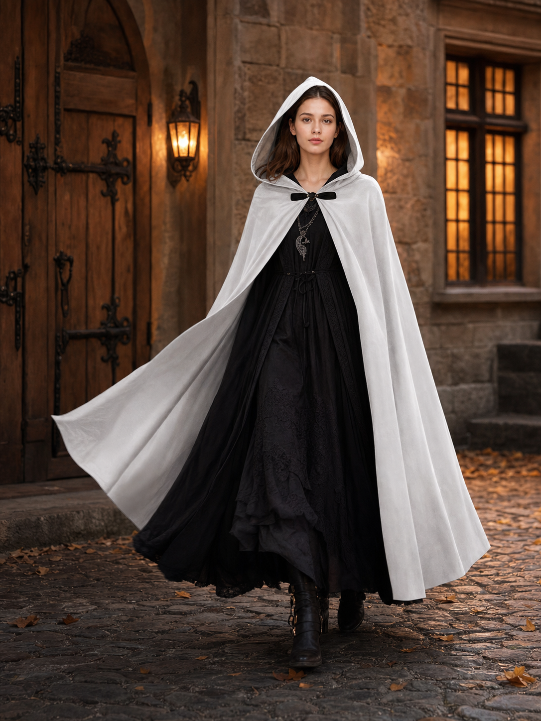 Medieval White Velvet Hooded Long Cloak Cape with Black Bow Tie Front Flared Hem
