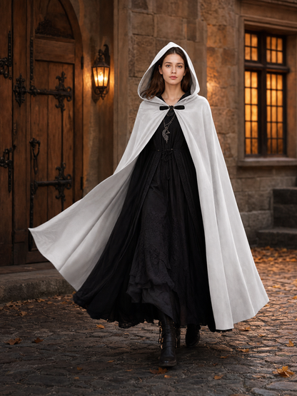 Medieval White Velvet Hooded Long Cloak Cape with Black Bow Tie Front Flared Hem