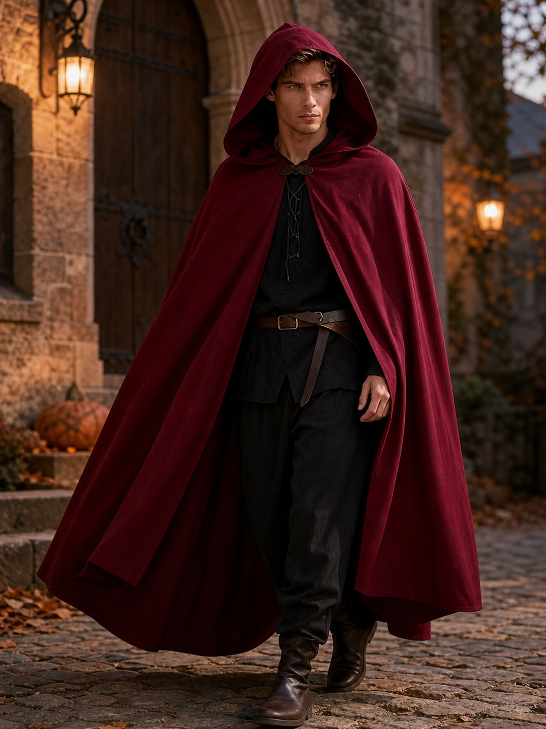 Medieval Hooded Cloak Wine Red Cape with Overlapping Front and Irregular Draped Hem for Cosplay, Theme Parties, Stage Performances and Fantasy Photography