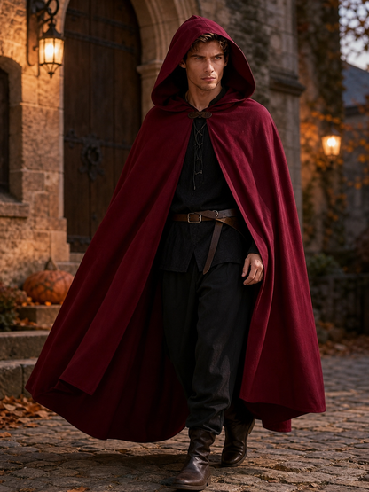 Medieval Hooded Cloak Wine Red Cape with Overlapping Front and Irregular Draped Hem for Cosplay, Theme Parties, Stage Performances and Fantasy Photography