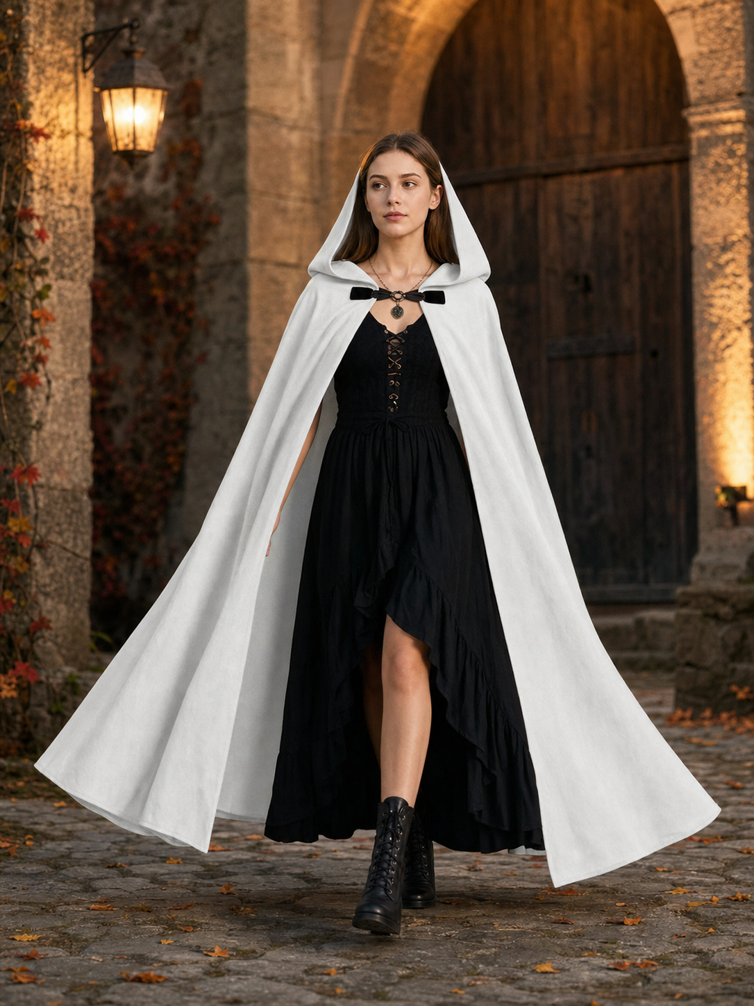 White medieval costume cloak with hood