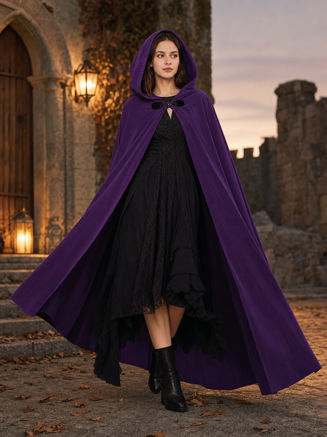 Medieval Fantasy Hooded Archer Cape with Front Clasp, Layered Tunic Style, Bow and Arrow for Cosplay Events and Costume Parties