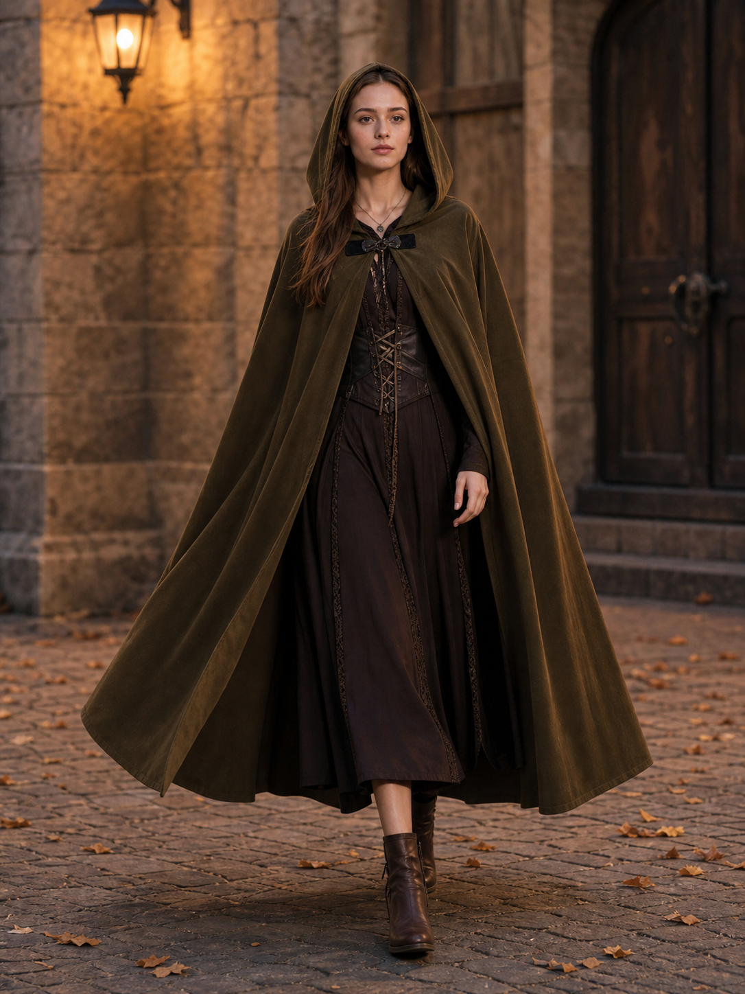 Medieval Fantasy Long Hooded Cloak with Oversized Hood, Flared Open Front Cape for Cosplay Costume Parties and Themed Events