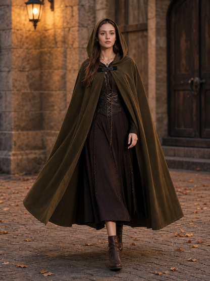 Medieval Fantasy Long Hooded Cloak with Oversized Hood, Flared Open Front Cape for Cosplay Costume Parties and Themed Events