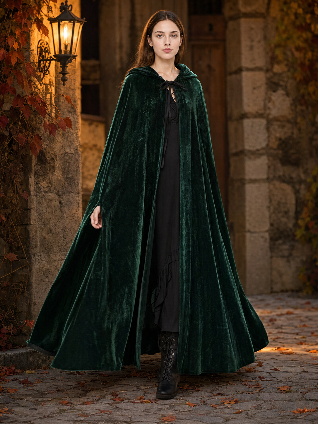 Dark green hooded velvet costume cape product view 52