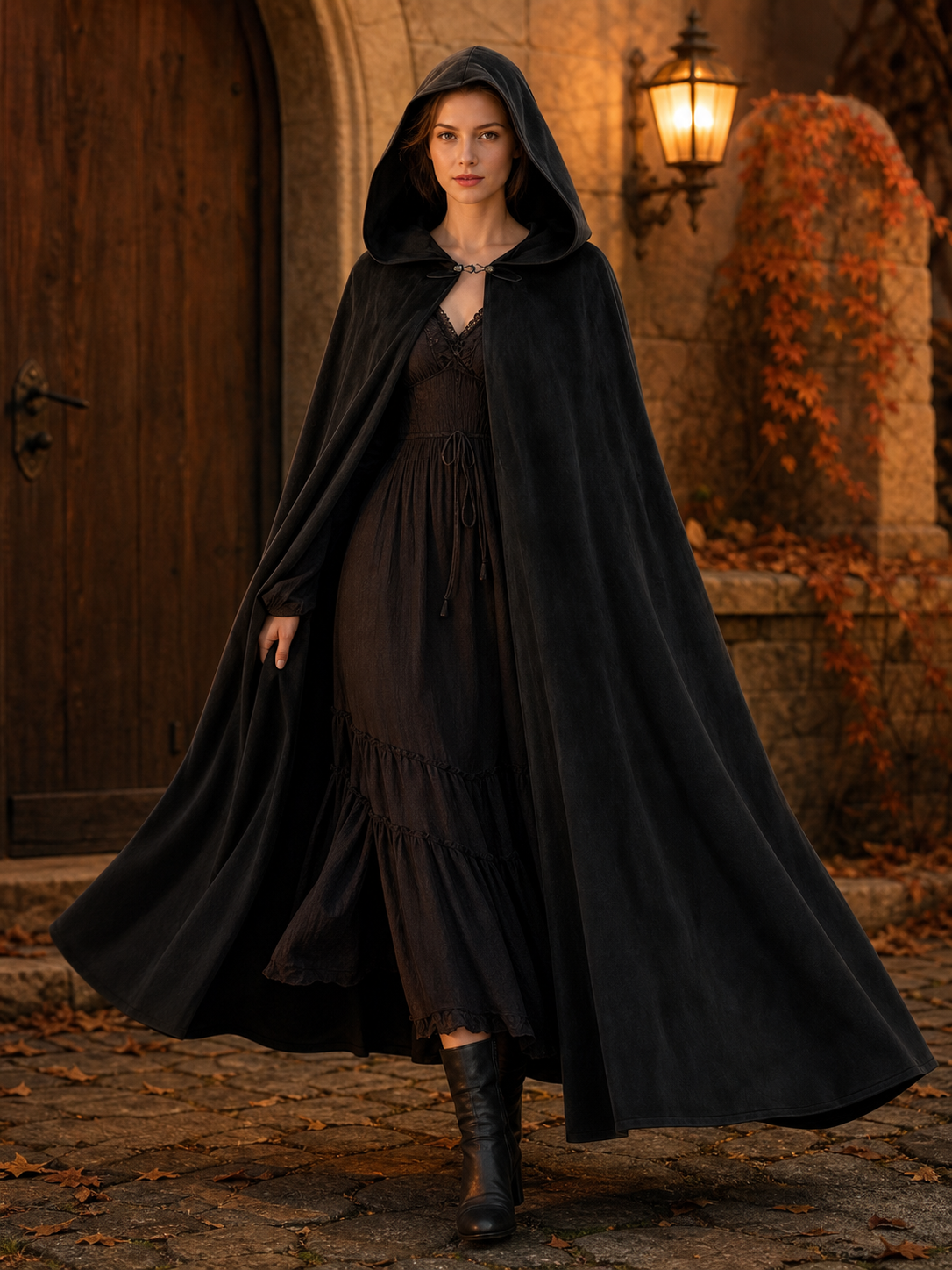 Long black hooded costume cloak