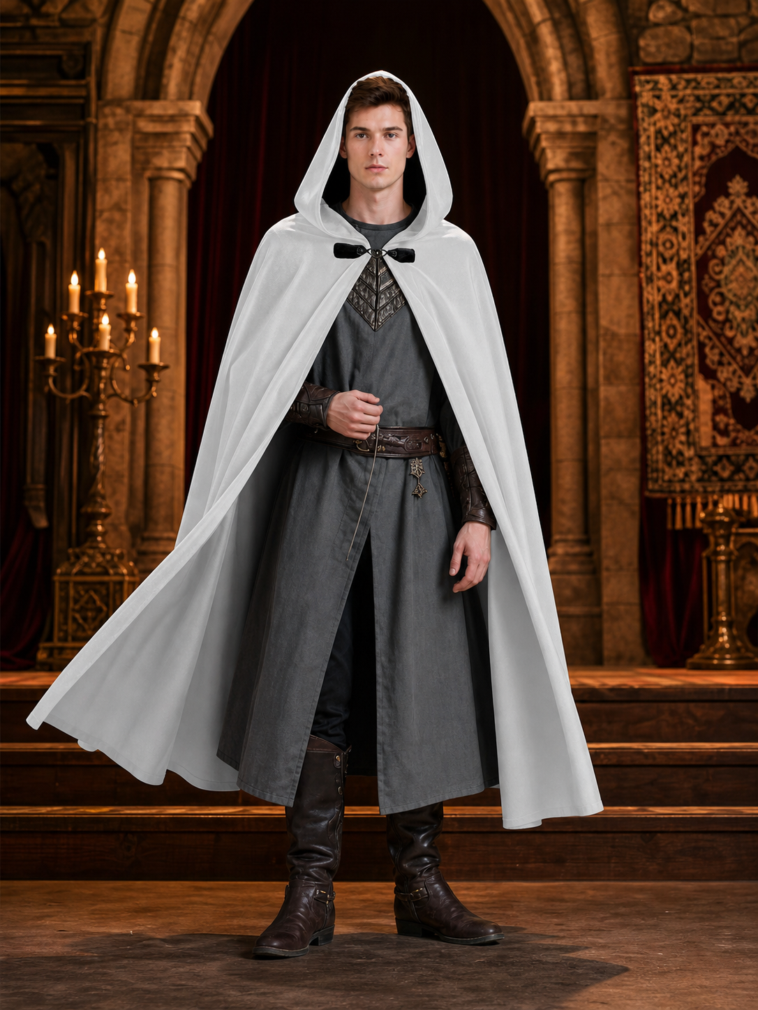 Medieval White Velvet Hooded Long Cloak Cape with Black Bow Tie Front Flared Hem lifestyle view 4