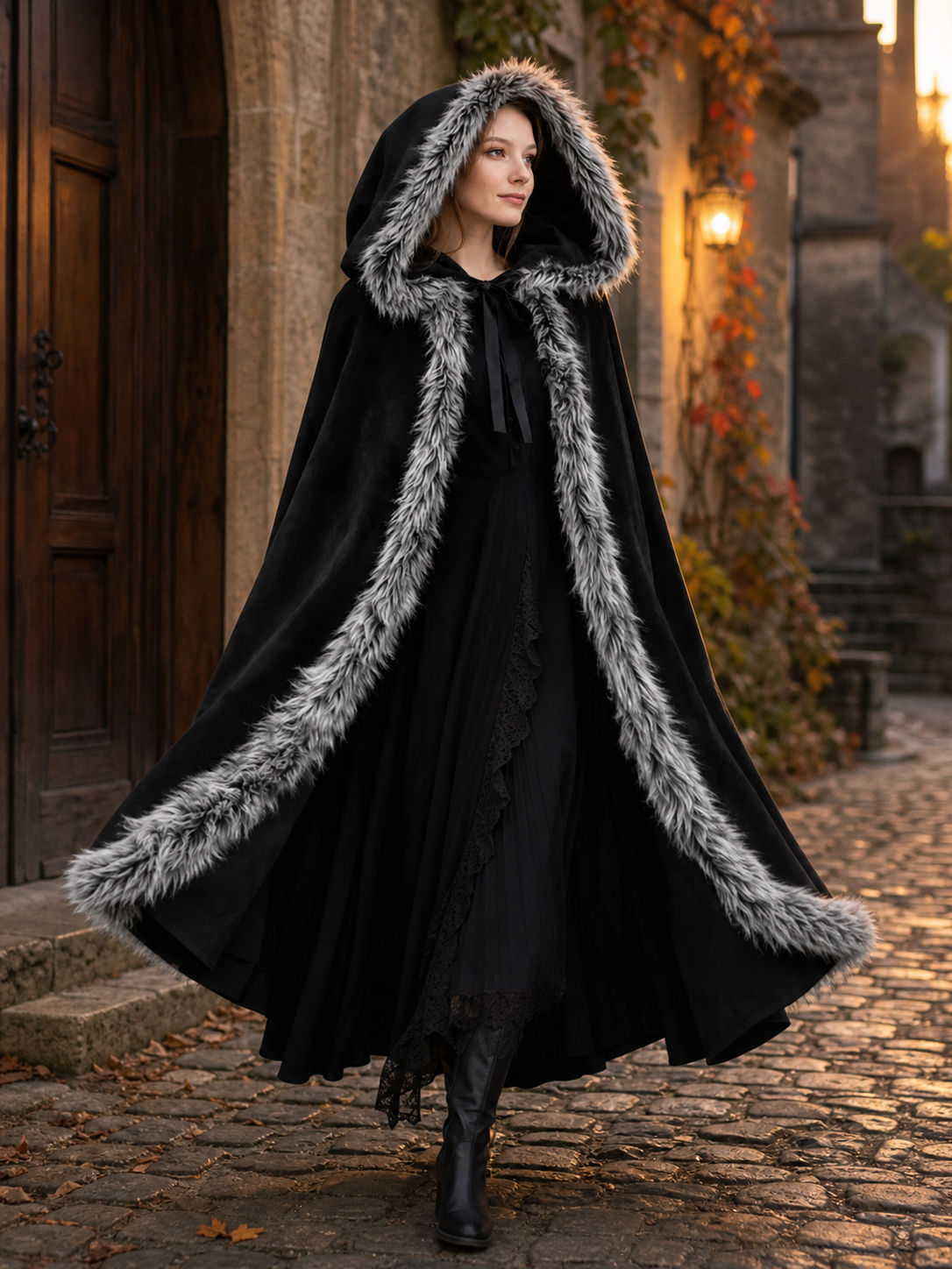 Black carnival cape with hood and shaggy trim