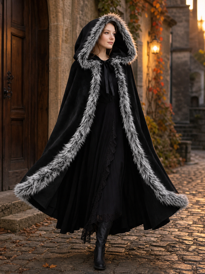 Black carnival cape with hood and shaggy trim